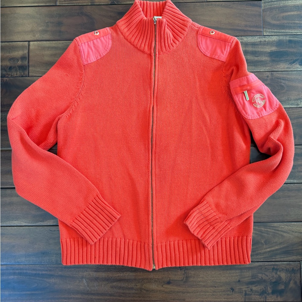 Vintage Ralph Lauren Orange Full Zip Commando Style Sweater Logo Patch Sz Large